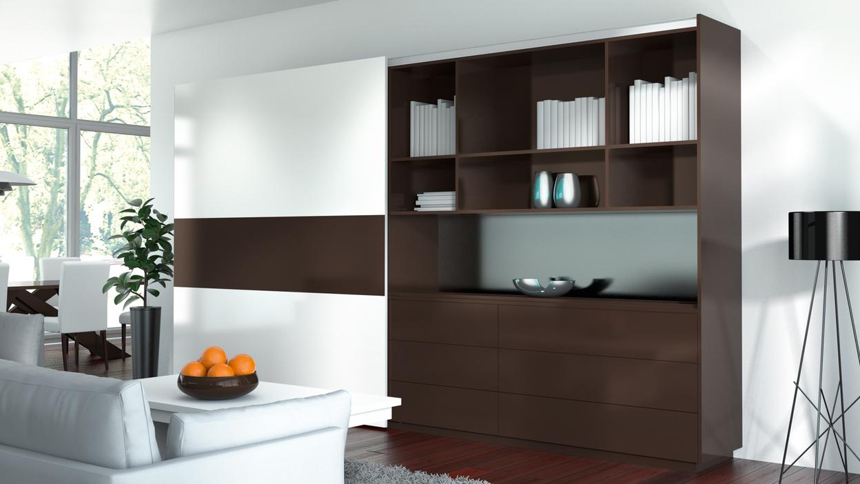 Impression einer Schrankwand mit Vitrinenkombination Impression einer weißen Schrankwand mit dunkler Vitrinenkombination