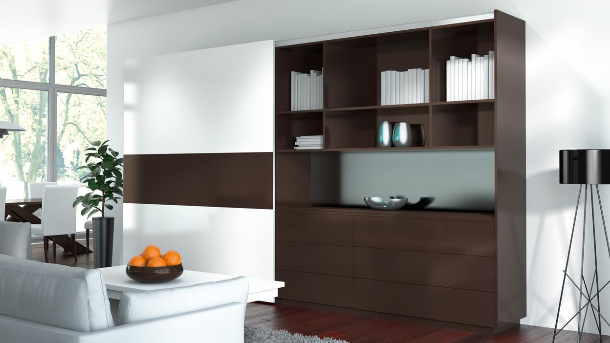 Impression einer Schrankwand mit Vitrinenkombination Impression einer weißen Schrankwand mit dunkler Vitrinenkombination